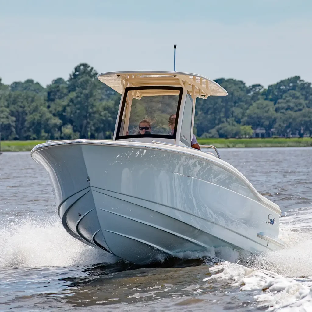 Family-friendly center console boat cruising on the Chesapeake Bay